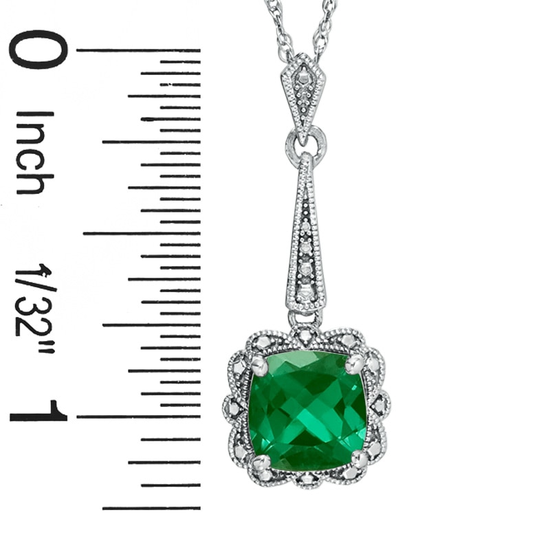 Main Image 2 of Previously Owned - Cushion-Cut Lab-Created Emerald Vintage-Style Pendant and Earrings Set in Sterling Silver