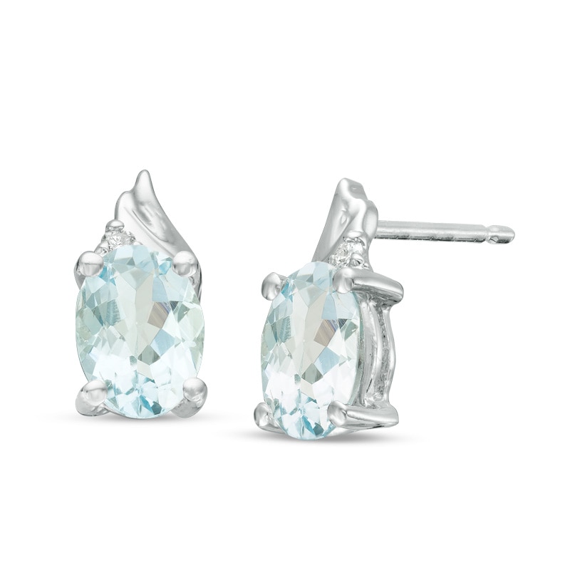 Main Image 1 of Previously Owned - Oval Aquamarine and Diamond Accent Swirl Top Drop Earrings in 10K White Gold