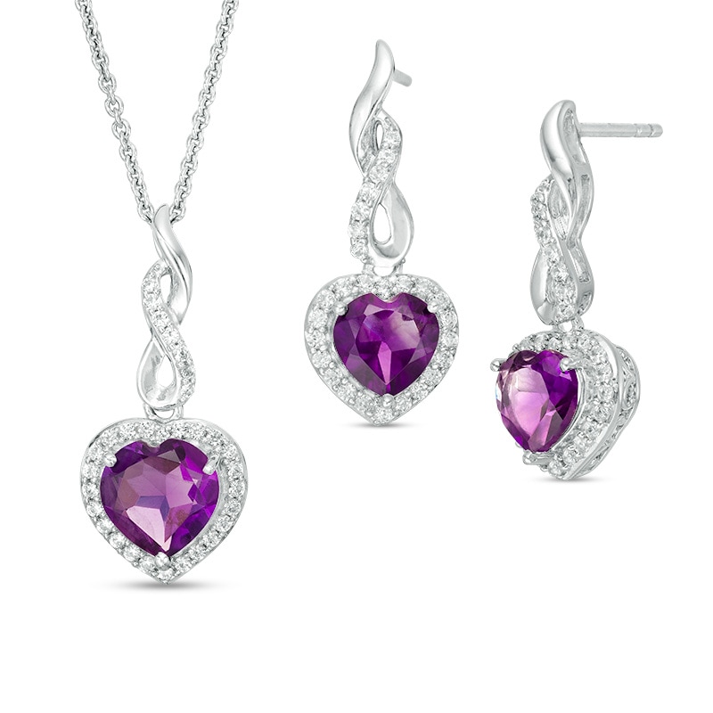 Main Image 1 of Previously Owned - Heart-Shaped Amethyst and Lab-Created White Sapphire Infinity Drop Pendant and Earrings Set