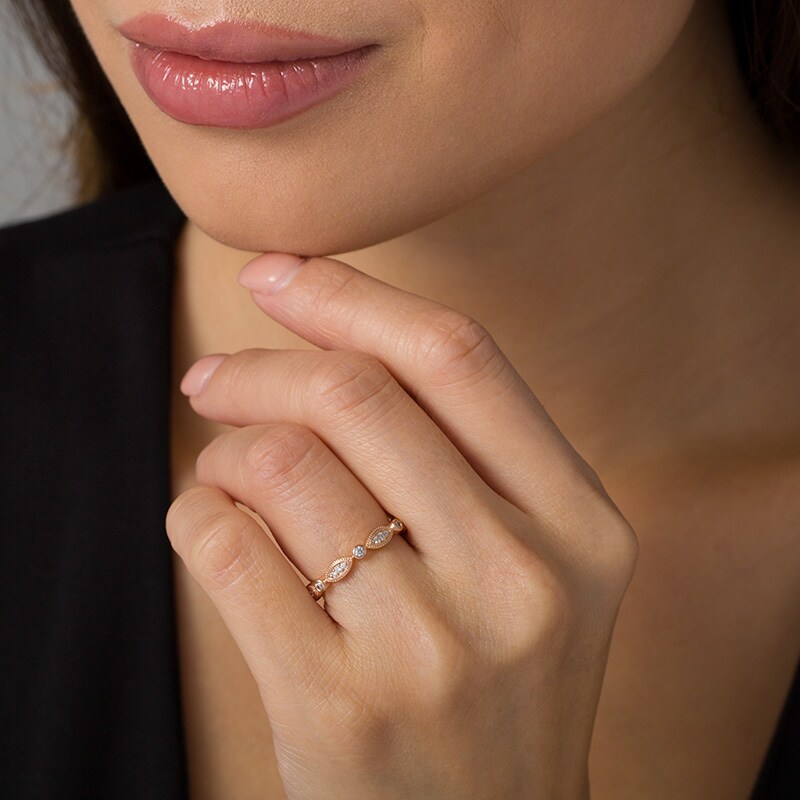 Main Image 2 of Previously Owned - 1/8 CT. T.W. Diamond Alternating Marquise and Circles Stackable Band in 10K Rose Gold