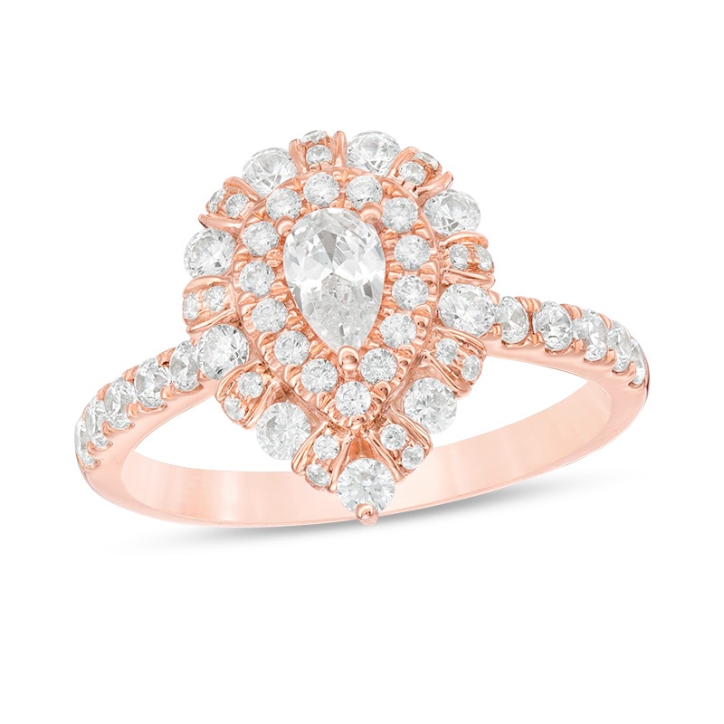 Previously Owned - 1 CT. T.W. Pear-Shaped Diamond Double Frame Art Deco Engagement Ring in 14K Rose Gold