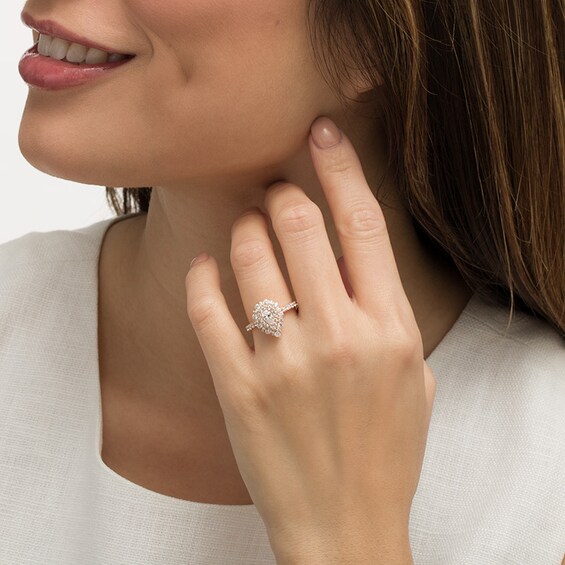 Previously Owned - 1 CT. T.w. Pear-Shaped Diamond Double Frame Art Deco Engagement Ring in 14K Rose Gold