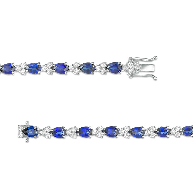Main Image 3 of Previously Owned - Pear-Shaped Lab-Created Blue and White Sapphire Trios Bracelet in Sterling Silver