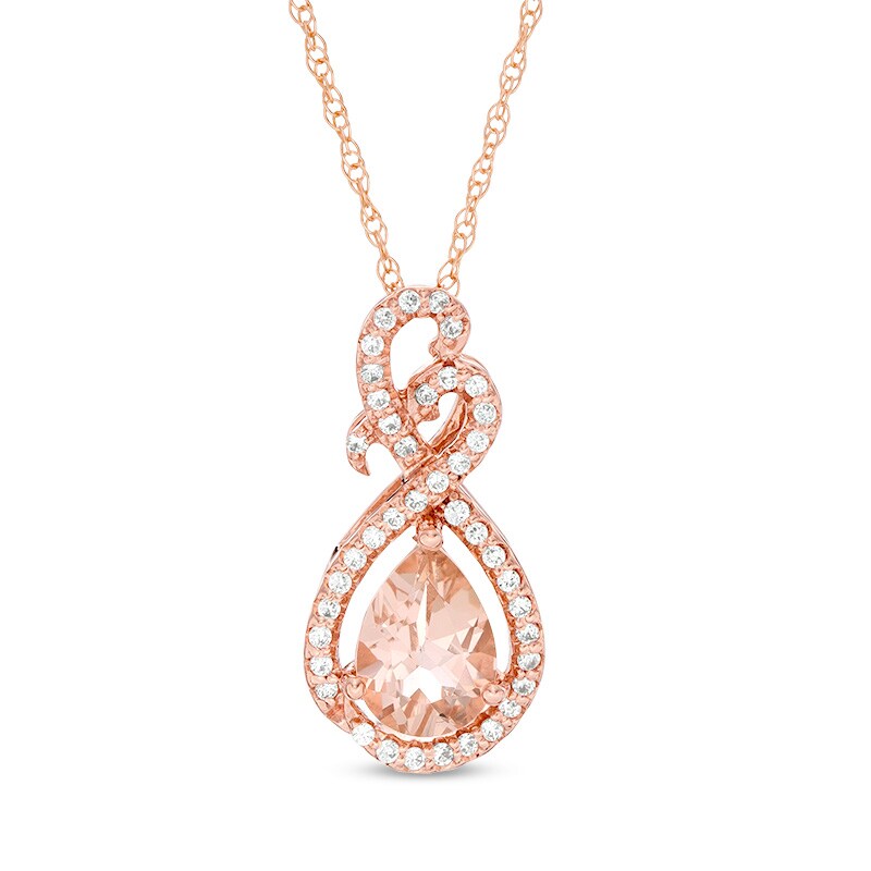Previously Owned - Pear-Shaped Morganite and 1/8 CT. T.W. Diamond Teardrop Pendant in 10K Rose Gold