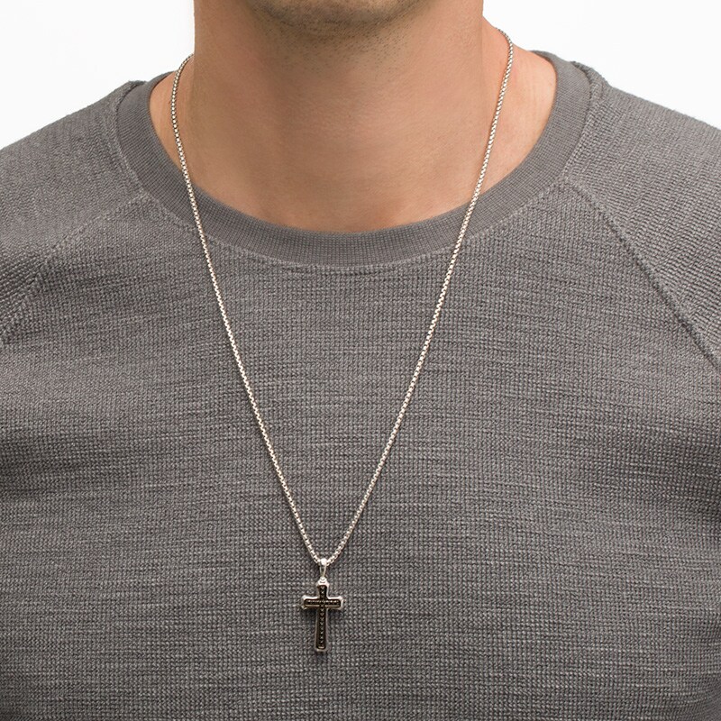 Main Image 2 of Previously Owned - Men's Black Spinel Cross Pendant in Sterling Silver and Black Rhodium - 24"