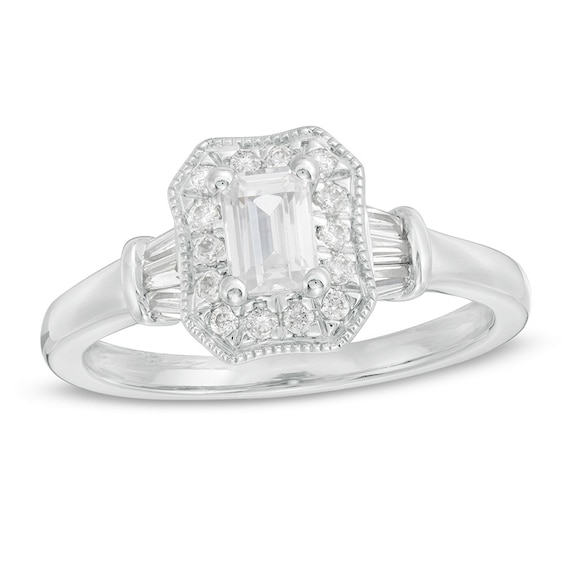 Previously Owned - 3/4 CT. T.w. Emerald-Cut Diamond Octagonal Frame Vintage-Style Engagement Ring in 14K White Gold