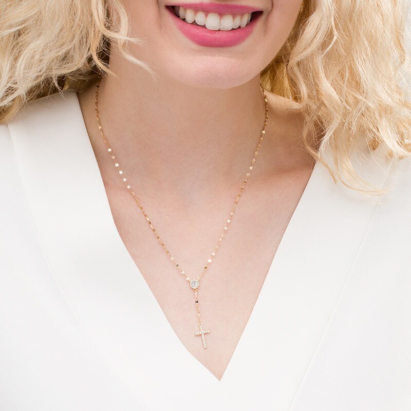 Main Image 2 of Previously Owned - 1/5 CT. T.W. Diamond Frame Cross "Y" Necklace in 10K Gold