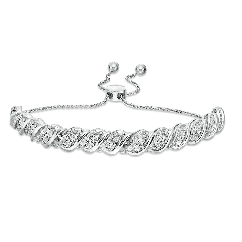 Main Image 1 of Previously Owned - 1/2 CT. T.W. Diamond Wave Bolo Bracelet in Sterling Silver - 9.5"