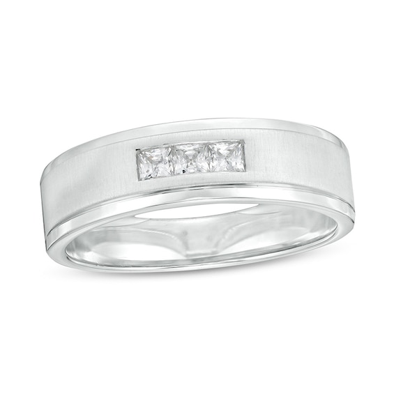 Previously Owned - Men's 1/4 CT. T.w. Square-Cut Diamond Three Stone Wedding Band in 10K White Gold