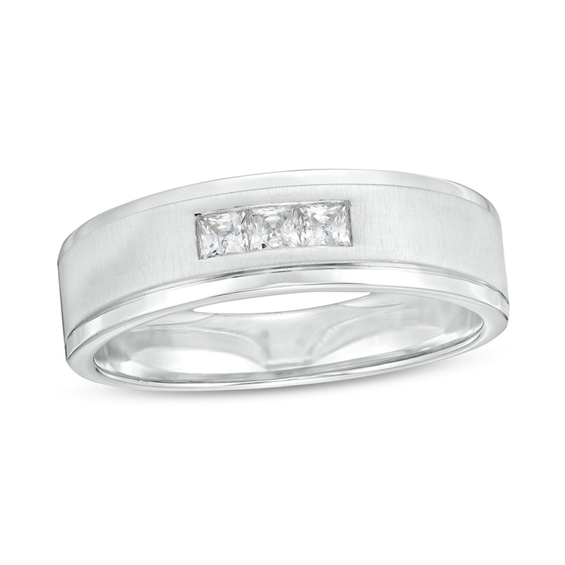 Main Image 1 of Previously Owned - 1/4 CT. T.W. Square-Cut Diamond Three Stone Wedding Band in 10K White Gold