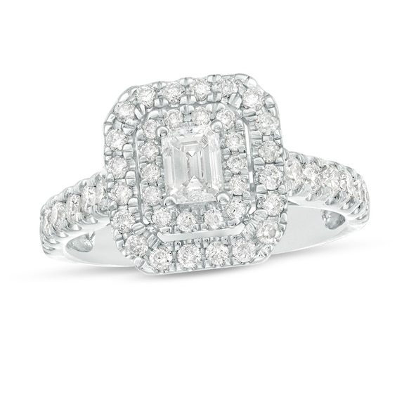 Previously Owned - 1 CT. T.w. Emerald-Cut Diamond Double Frame Engagement Ring in 14K White Gold