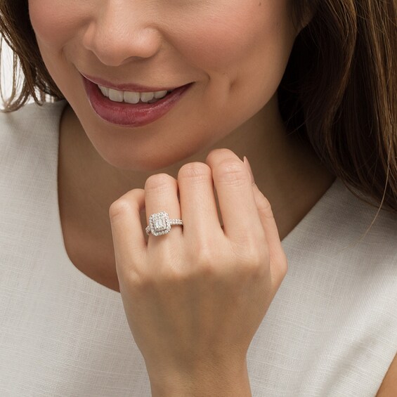Previously Owned - 1 CT. T.w. Emerald-Cut Diamond Double Frame Engagement Ring in 14K White Gold