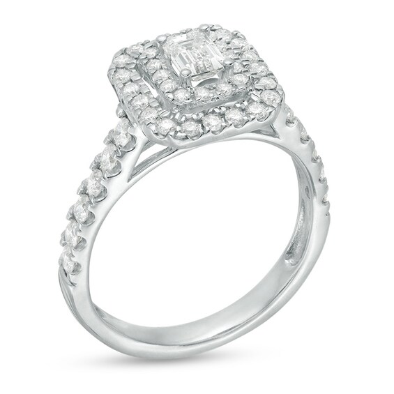 Previously Owned - 1 CT. T.w. Emerald-Cut Diamond Double Frame Engagement Ring in 14K White Gold