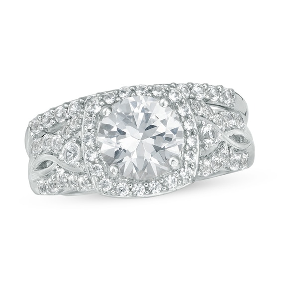 Previously Owned - Lab-Created White Sapphire Cushion Frame Twist Bridal Set in Sterling Silver