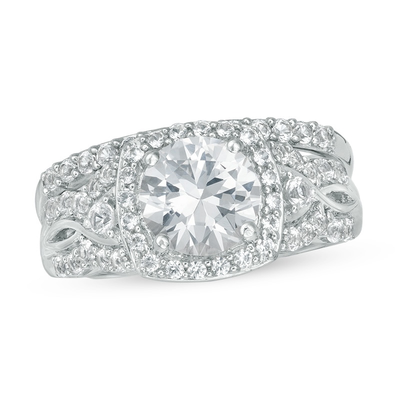 Main Image 1 of Previously Owned - Lab-Created White Sapphire Cushion Frame Twist Bridal Set in Sterling Silver