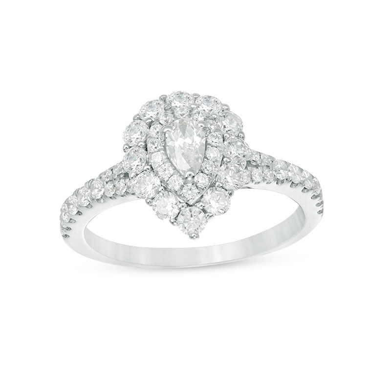 Main Image 1 of Previously Owned - 1 CT. T.W. Pear-Shaped Diamond Double Frame Engagement Ring in 14K White Gold