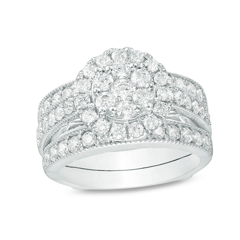 Main Image 1 of Previously Owned - 2 CT. T.W. Composite Diamond Frame Vintage-Style Bridal Set in 14K White Gold