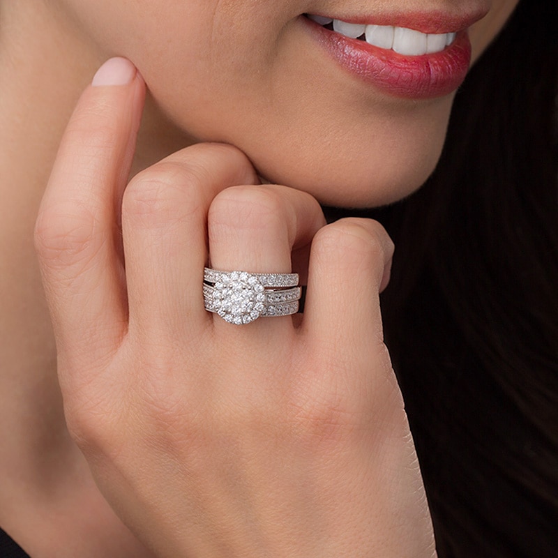Main Image 2 of Previously Owned - 2 CT. T.W. Composite Diamond Frame Vintage-Style Bridal Set in 14K White Gold