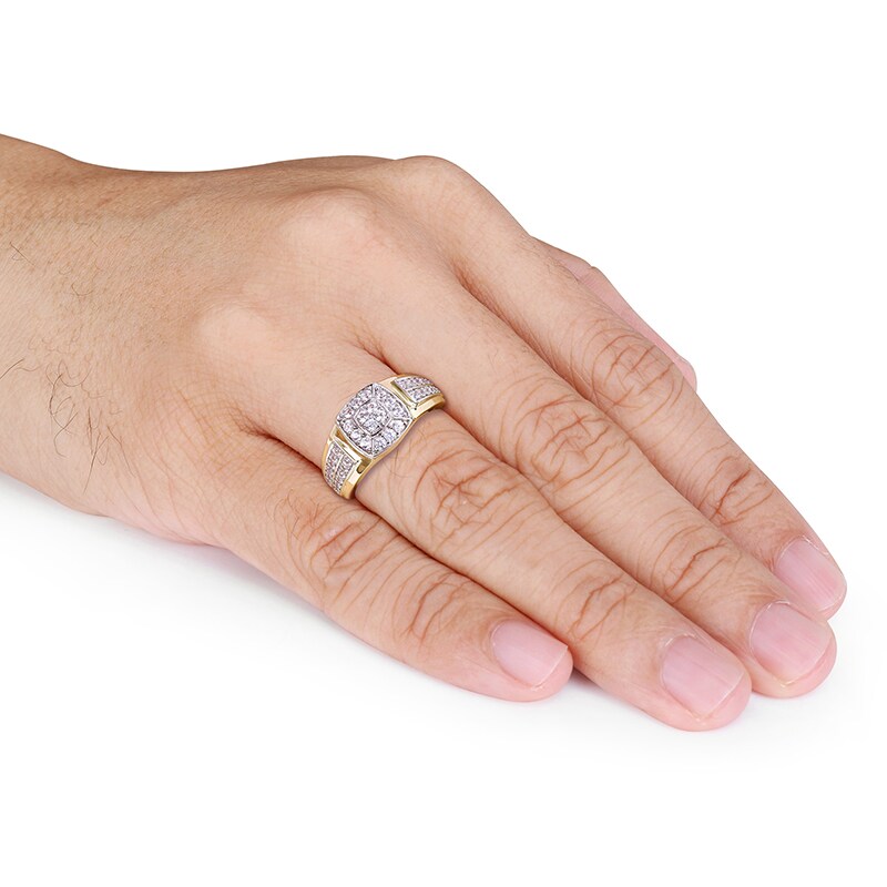 Main Image 2 of Previously Owned - Quad Lab-Created White Sapphire Cushion Frame Double Row Stepped Edge Ring in 10K Gold