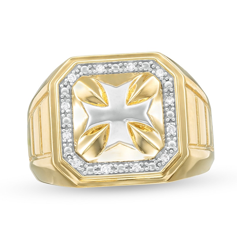 Main Image 1 of Previously Owned - Men's 1/10 CT. T.W. Diamond Beaded Octagonal Cross Ribbed Shank Ring in 10K Two-Tone Gold