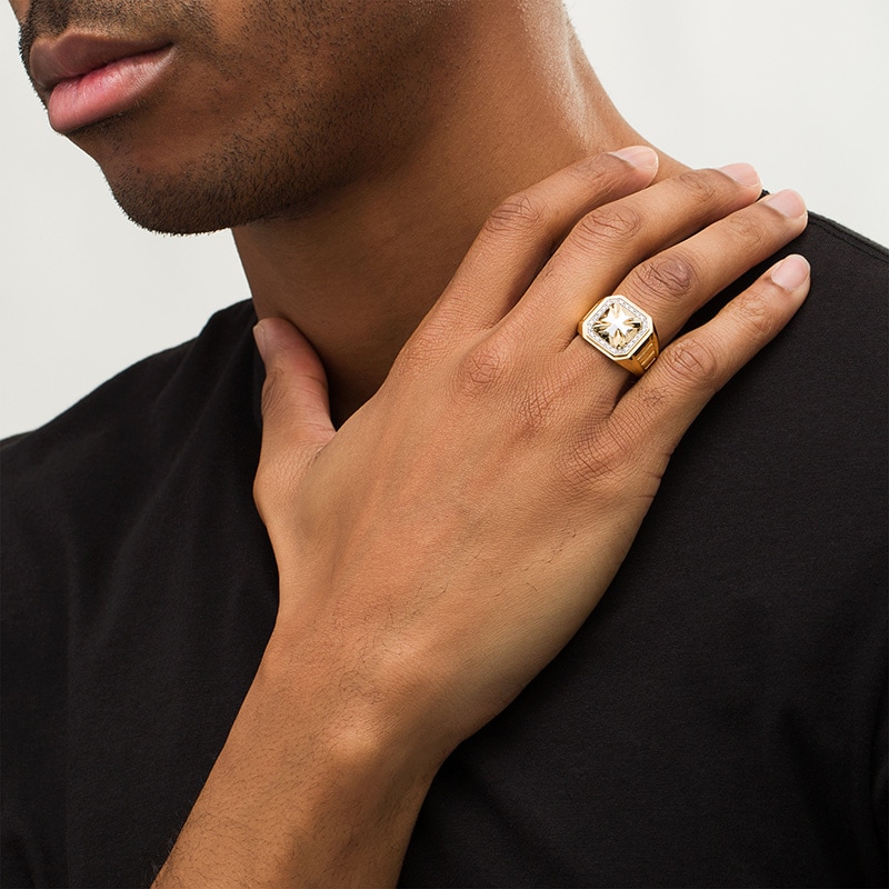 Main Image 2 of Previously Owned - Men's 1/10 CT. T.W. Diamond Beaded Octagonal Cross Ribbed Shank Ring in 10K Two-Tone Gold