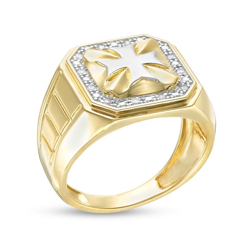 Main Image 3 of Previously Owned - Men's 1/10 CT. T.W. Diamond Beaded Octagonal Cross Ribbed Shank Ring in 10K Two-Tone Gold