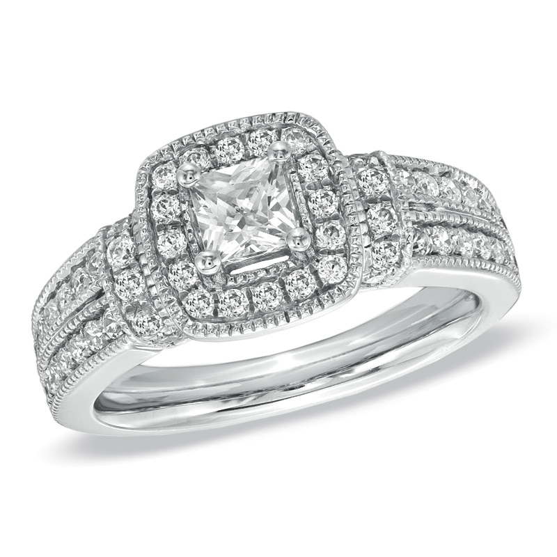 Main Image 1 of Previously Owned - 1 CT. T.W. Princess-Cut Diamond Frame Engagement Ring in 14K White Gold