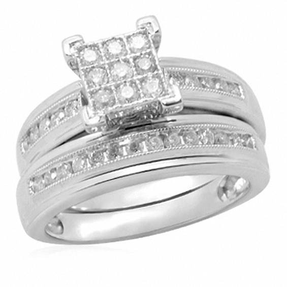 Previously Owned - 1/2 CT. T.w. Diamond Square Cluster Vintage-Style Bridal Set in Sterling Silver