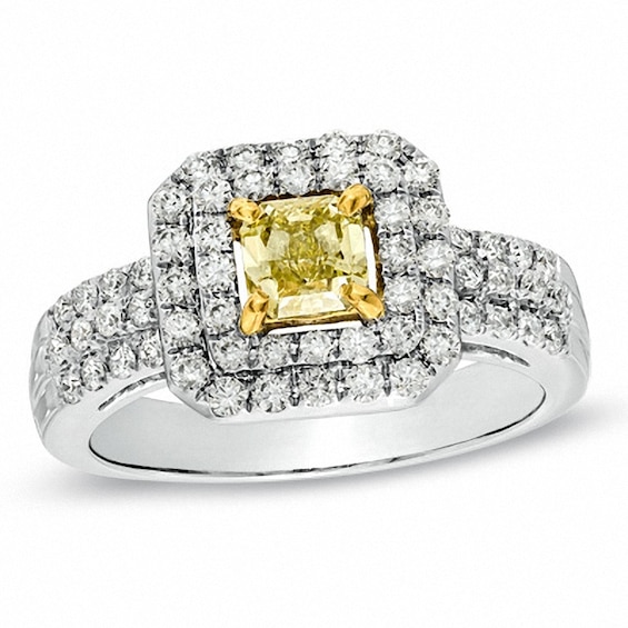 Previously Owned - 1 CT. T.w. Enhanced Yellow and White Diamond Double Frame Engagement Ring in 14K White Gold