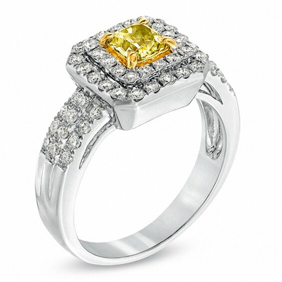 Previously Owned - 1 CT. T.w. Enhanced Yellow and White Diamond Double Frame Engagement Ring in 14K White Gold