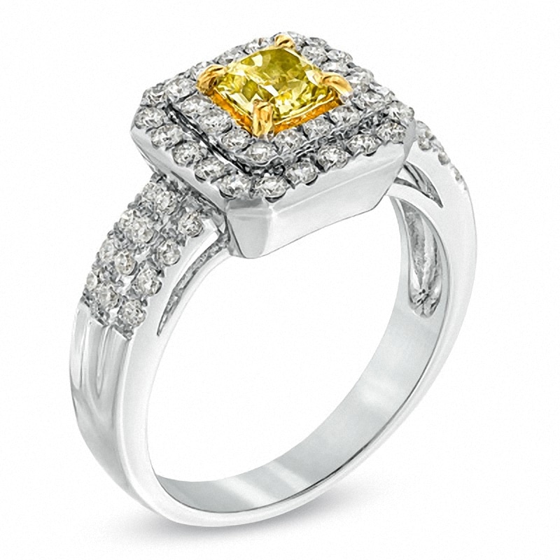 Main Image 2 of Previously Owned - 1 CT. T.W. Enhanced Yellow and White Diamond Double Frame Engagement Ring in 14K White Gold