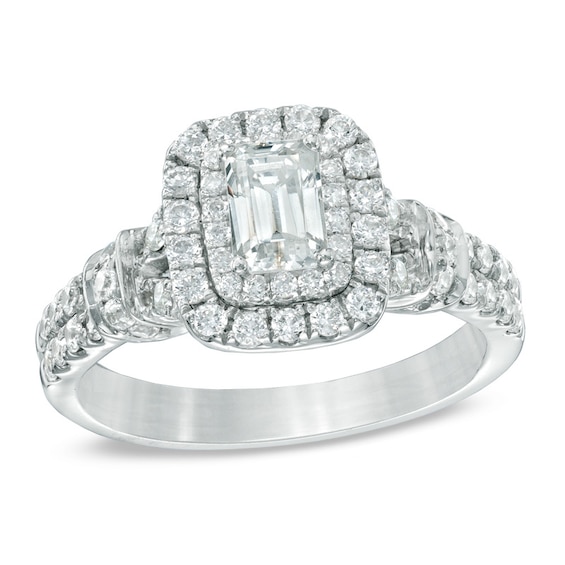 Previously Owned - Celebration Ideal 1-1/6 CT. T.w. Emerald-Cut Diamond Frame Engagement Ring in 14K White Gold (I/I1)