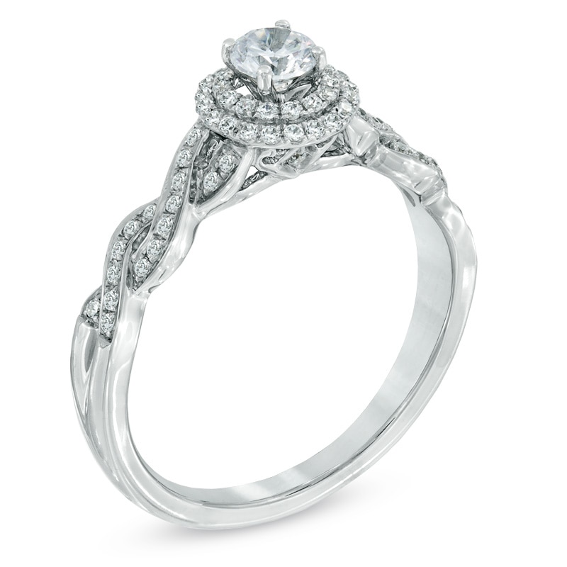 Main Image 2 of Previously Owned - Celebration Fire™ 1/2 CT. T.W. Diamond Frame Twist Engagement Ring in 14K White Gold (H-I/SI1-SI2)