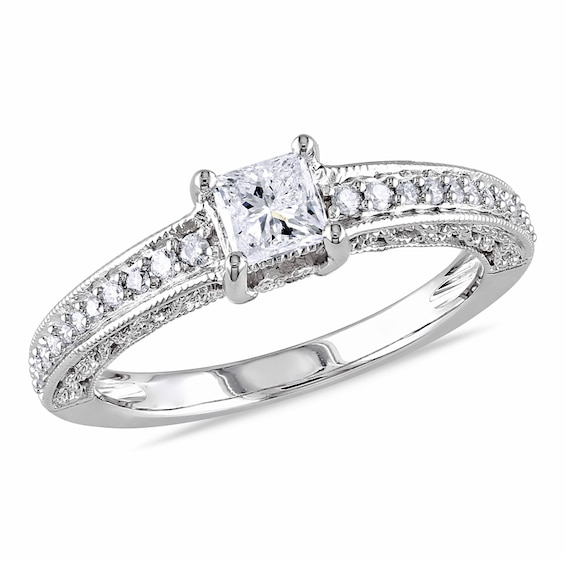 Previously Owned - 1/2 CT. T.w. Princess-Cut Diamond and Pink Sapphire Engagement Ring in 14K White Gold
