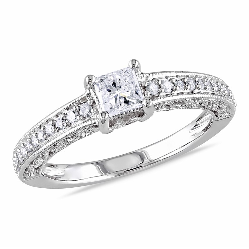 Main Image 1 of Previously Owned - 1/2 CT. T.W. Princess-Cut Diamond and Pink Sapphire Engagement Ring in 14K White Gold