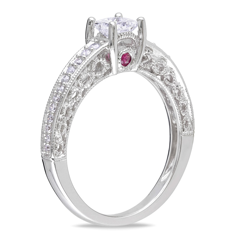 Main Image 2 of Previously Owned - 1/2 CT. T.W. Princess-Cut Diamond and Pink Sapphire Engagement Ring in 14K White Gold