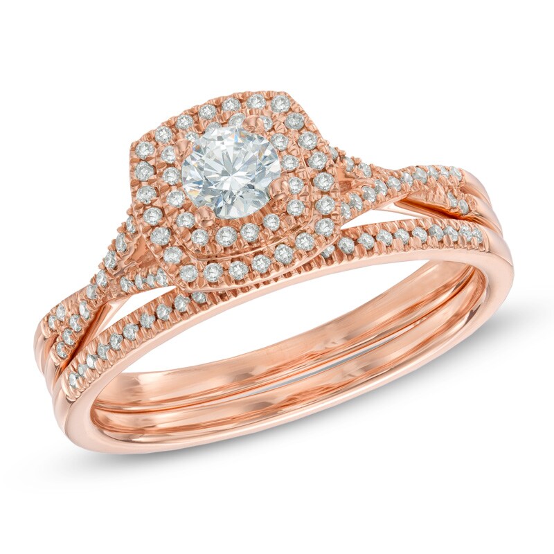 Main Image 1 of Previously Owned - 1/2 CT. T.W. Diamond Double Frame Bridal Set in 14K Rose Gold
