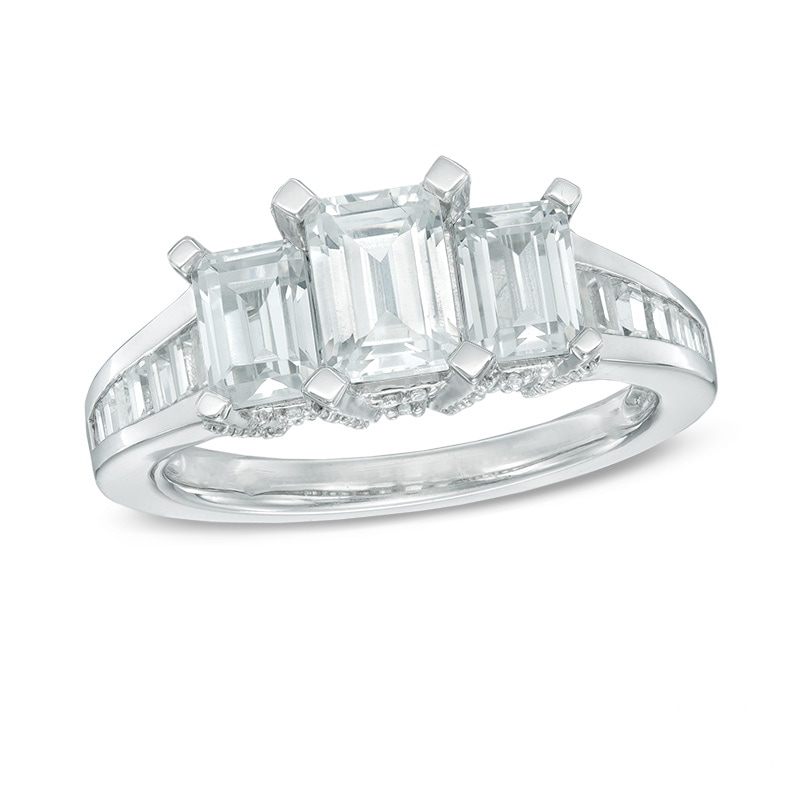 Main Image 1 of Previously Owned - 3 CT. T.W. Emerald-Cut Diamond Past Present Future® Ring in 14K White Gold (I/I1)