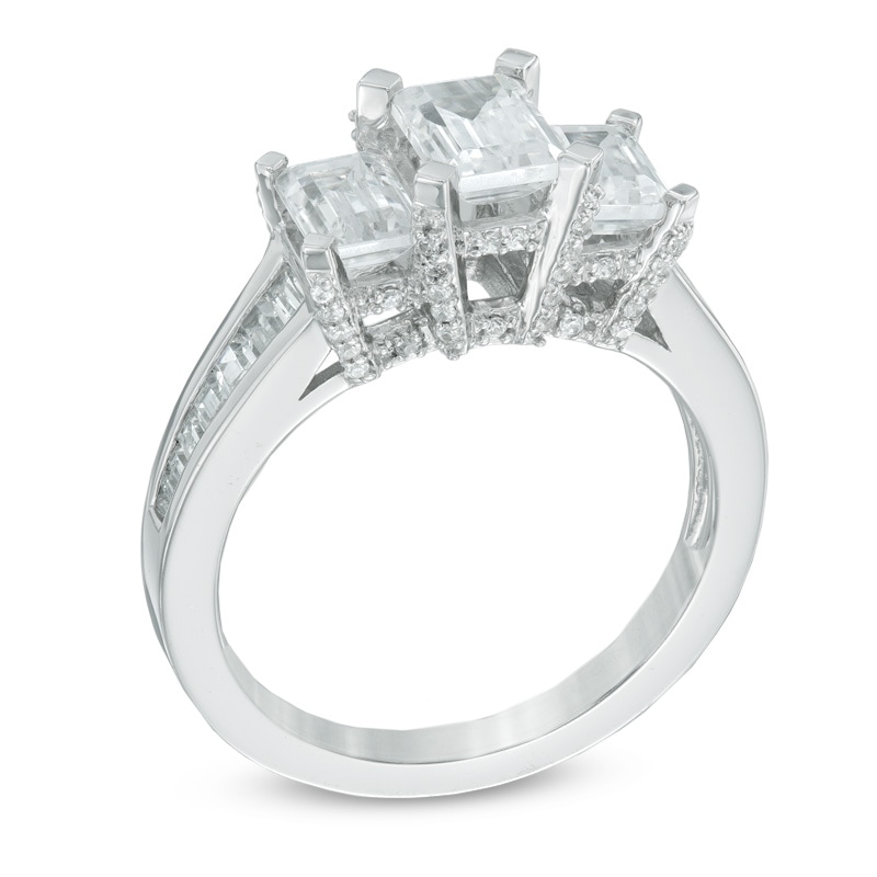 Main Image 2 of Previously Owned - 3 CT. T.W. Emerald-Cut Diamond Past Present Future® Ring in 14K White Gold (I/I1)