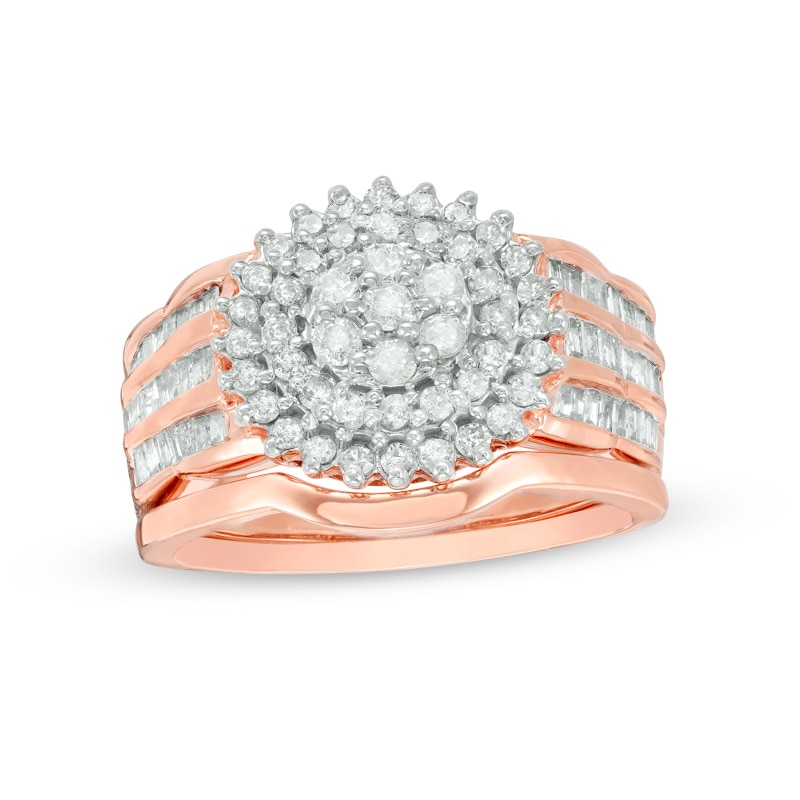 Main Image 1 of Previously Owned - 1 CT. T.W. Composite Diamond Frame Multi-Row Bridal Set in 10K Rose Gold