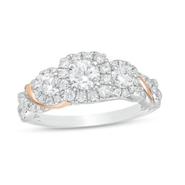 Previously Owned - 1 CT. T.W. Diamond Past Present Future® Frame Wrapped Shank Engagement Ring in 14K Two-Tone Gold