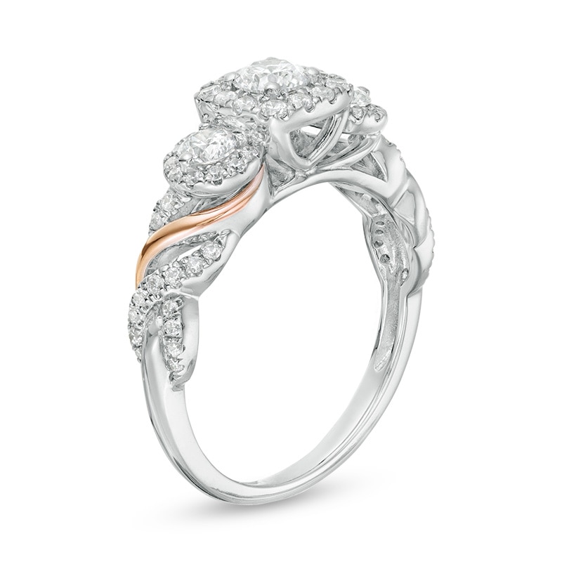 Main Image 2 of Previously Owned - 1 CT. T.W. Diamond Past Present Future® Frame Wrapped Shank Engagement Ring in 14K Two-Tone Gold