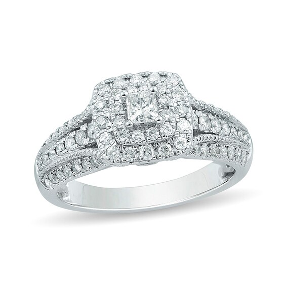 Previously Owned - 1 CT. T.w. Princess-Cut Diamond Double Frame Vintage-Style Engagement Ring in 10K White Gold