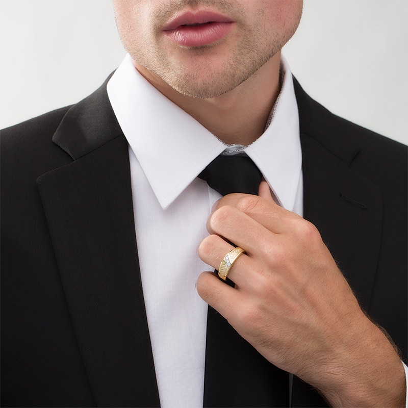 Main Image 2 of Previously Owned - Men's 1/10 CT. T.W. Diamond Three Stone Slant Ring in 10K Gold