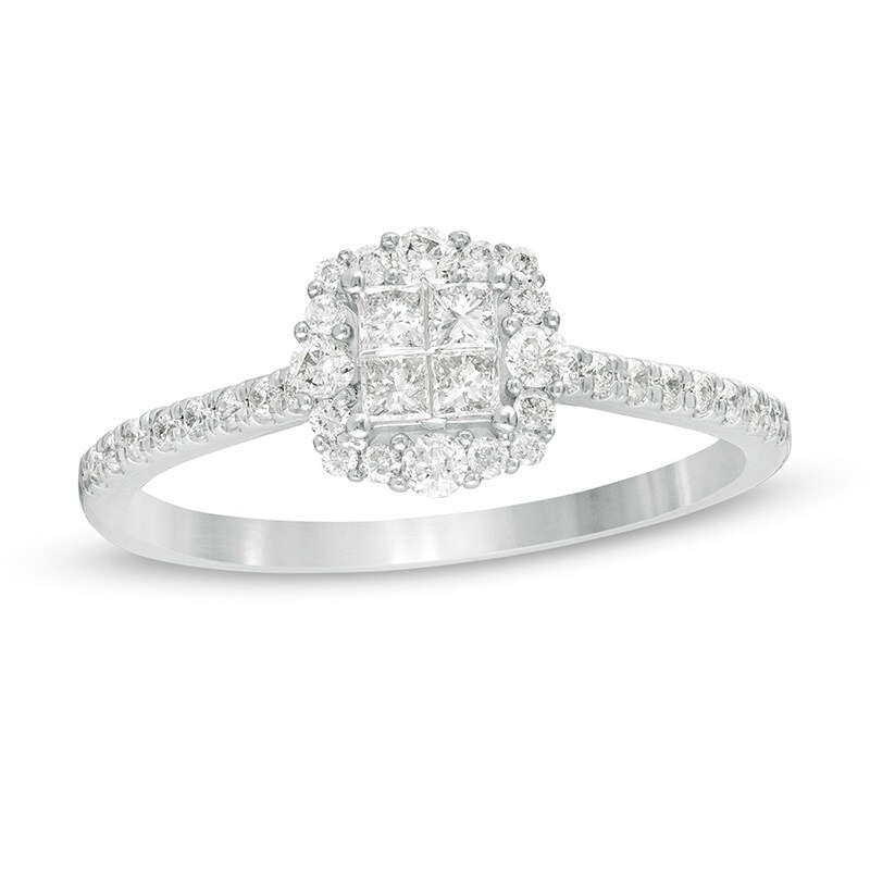 Main Image 1 of Previously Owned - 3/8 CT. T.W. Princess-Cut Quad Diamond Frame Engagement Ring in 10K White Gold