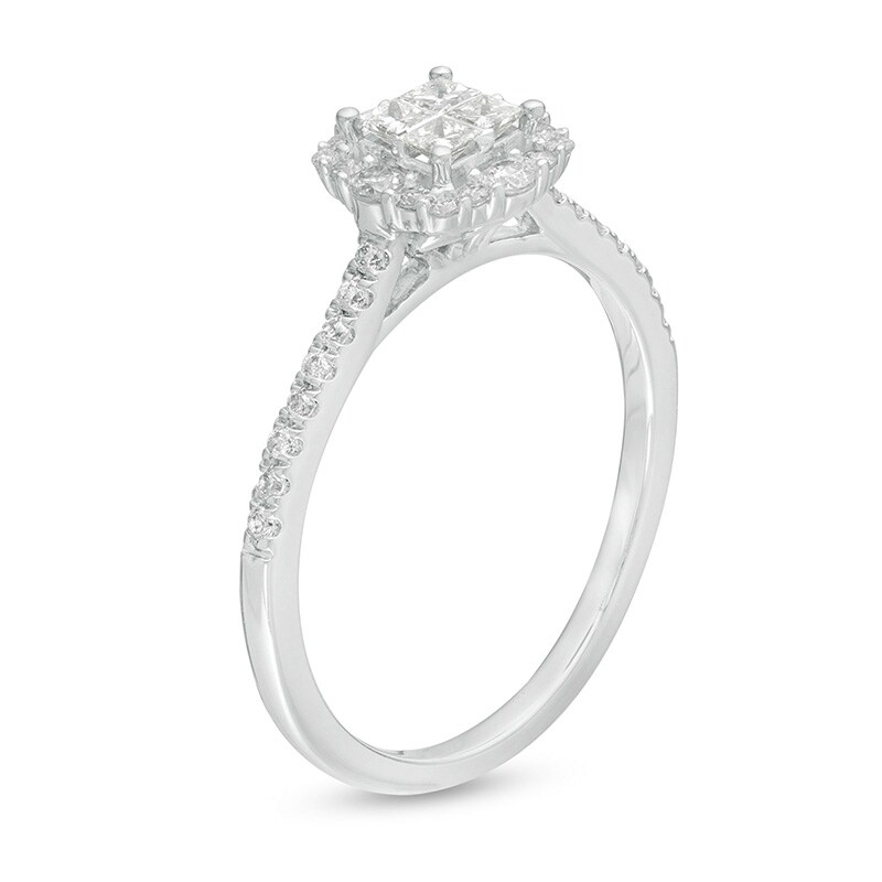Main Image 3 of Previously Owned - 3/8 CT. T.W. Princess-Cut Quad Diamond Frame Engagement Ring in 10K White Gold
