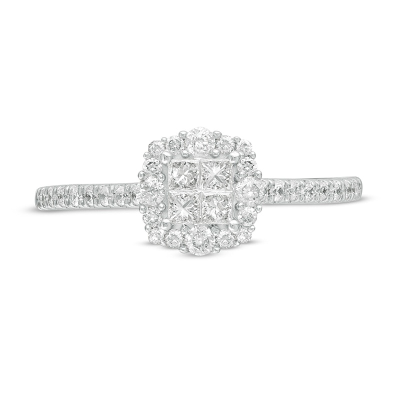Main Image 4 of Previously Owned - 3/8 CT. T.W. Princess-Cut Quad Diamond Frame Engagement Ring in 10K White Gold