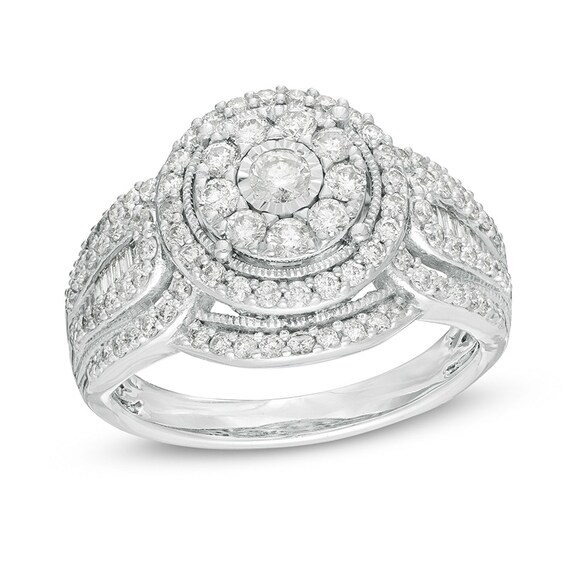 Previously Owned - 1 CT. T.w. Composite Diamond Double Frame Vintage-Style Engagement Ring in 10K White Gold