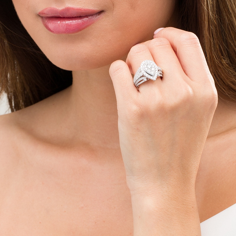 Main Image 2 of Previously Owned - 2 CT. T.W. Composite Diamond Pear-Shaped Frame Engagement Ring in 10K White Gold