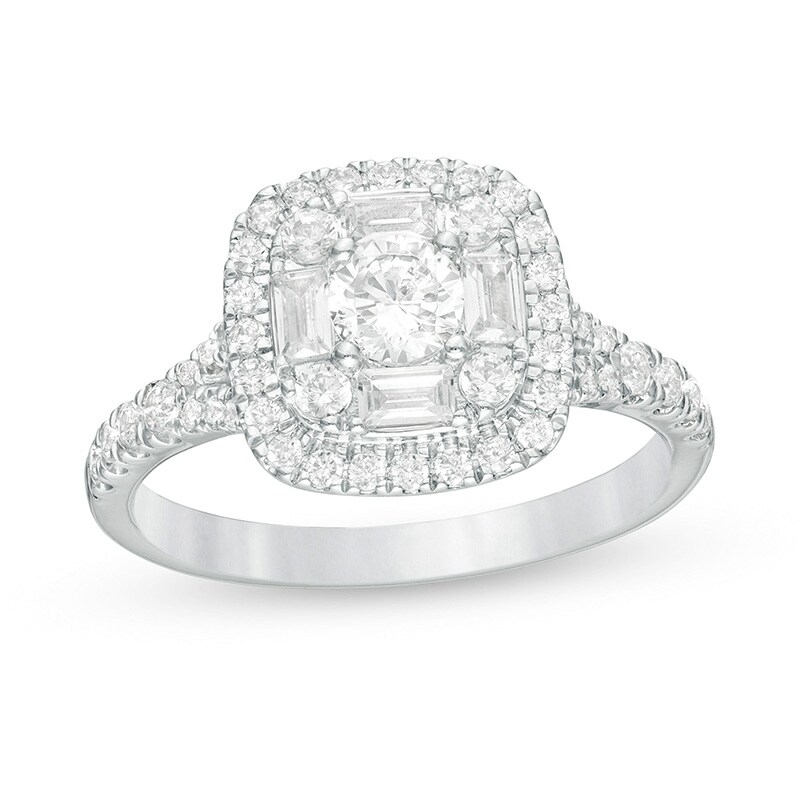 Main Image 1 of Previously Owned - 1 CT. T.W. Diamond Cushion Frame Engagement Ring in 14K White Gold